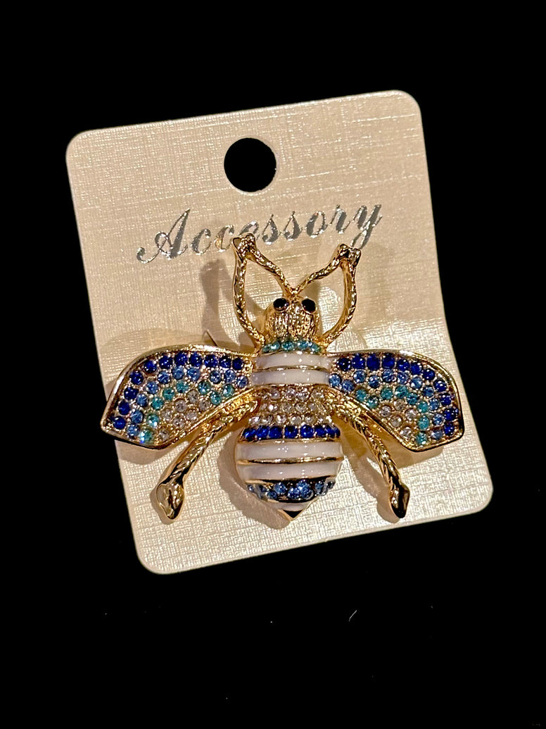 Designer Blue Ombre Rhinestone Bee Brooch