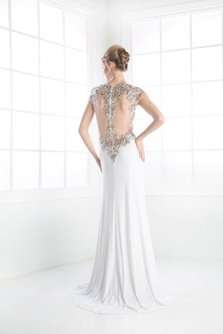 Beaded Cap Sleeve Jersey Pageant Gown
