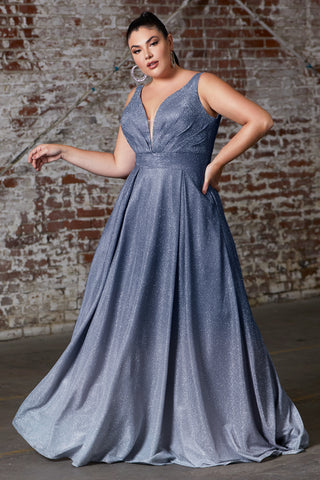 Curve Collection A-line ombre gown with pleated deep v-neckline and open back.