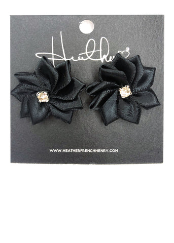 Black Satin Floral Rhinestone Earrings
