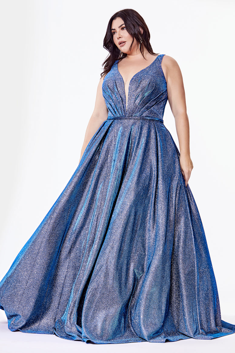 Curve Collection Glitter ball gown with deep plunge neckline and pockets.