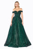 Off the shoulder ball gown with lace applique bodice and netted jacquard skirt