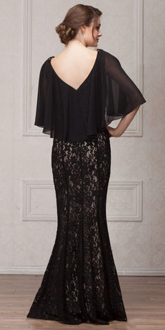 V-NECK FLORAL LACE SHEER CAPE LONG MOB GOWN