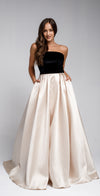 VELVET STRAPLESS LONG BALL GOWN WITH POCKETS